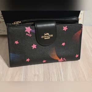 Coach Phone Tech Wallet Wristlet Black Disco Star Print C7298